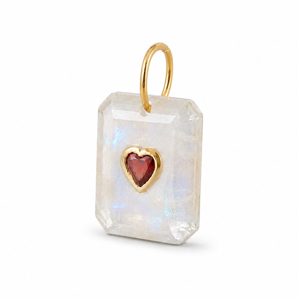 SUNDAH Heart of Dreams Pendant - Moonstone + Garnet, angle view